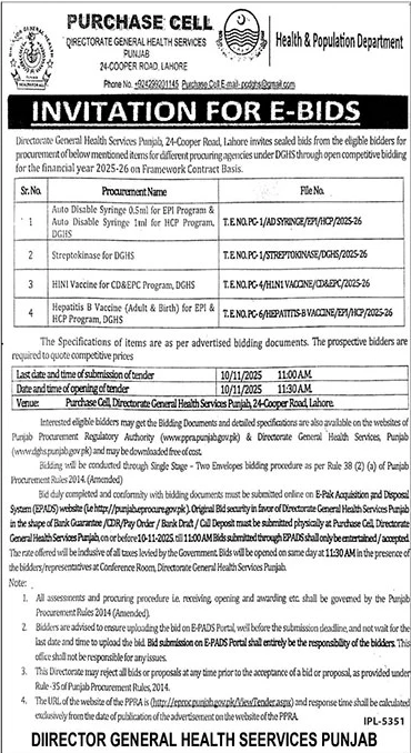Health Population Department Tender Notice